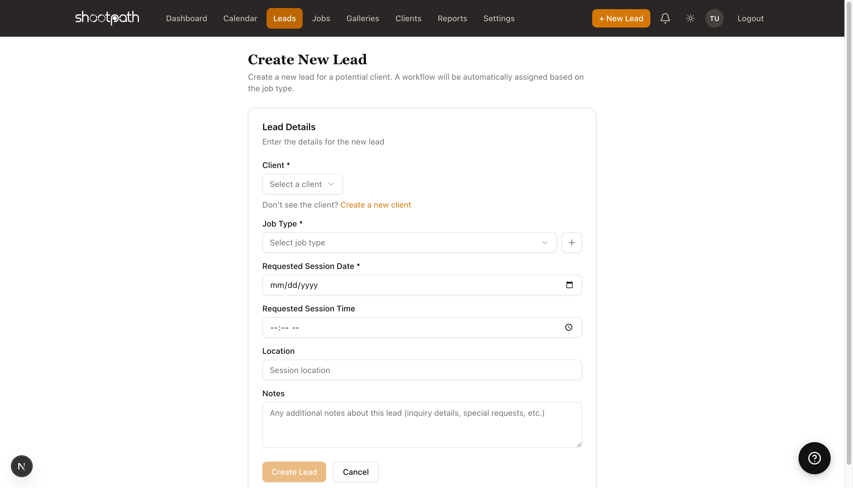 Lead creation form